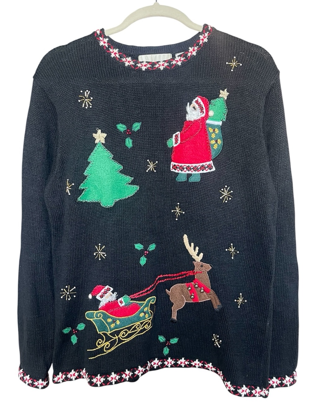 Vintage embroidered Christmas sweater bells reindeer Santa